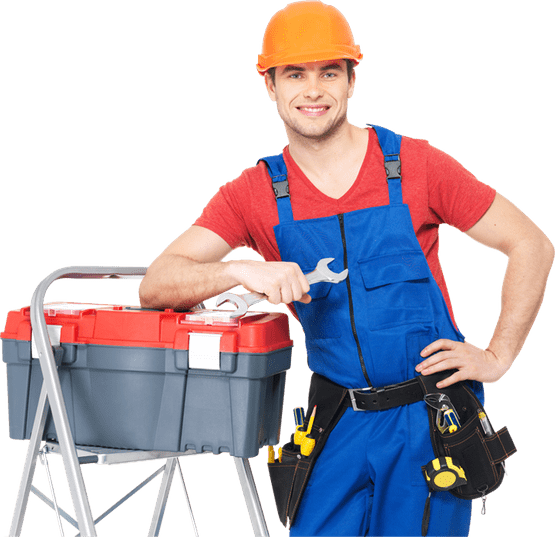 A man in overalls holds a toolbox and another toolbox, ready for work.